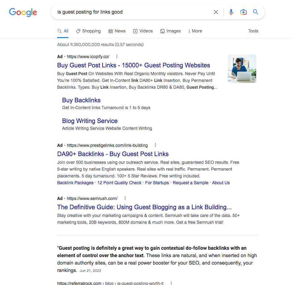 search on Google for guest posting - all of the results are selling it