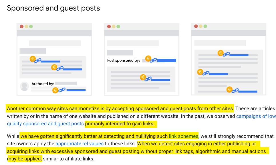 Google's text saying guest posting for links is not good