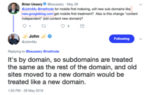 John Mueller says subdomains are treated the same as the rest of the domain.