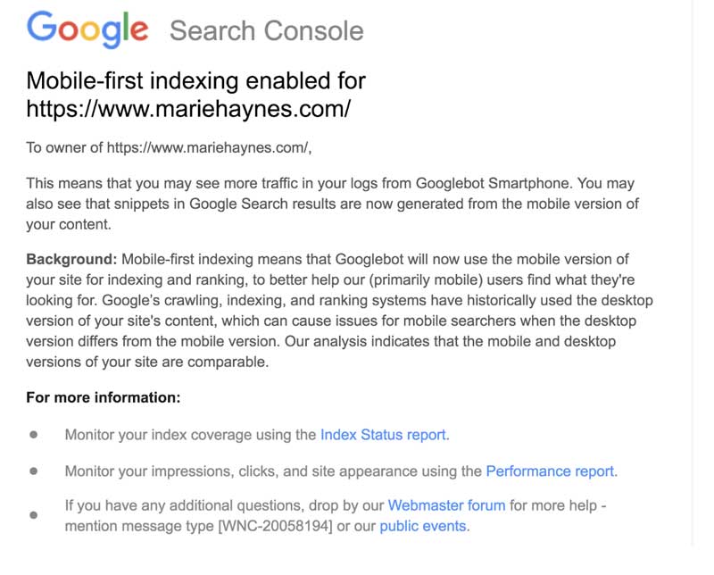 Mobile first indexing email from Google