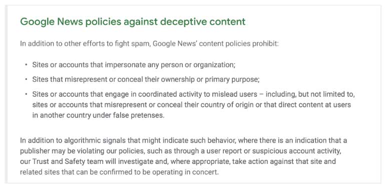 Google news policies against deceptive content