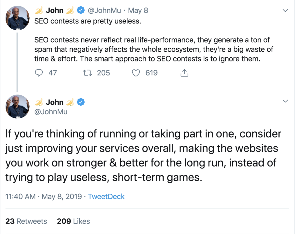 John Mu tweet on SEO contests