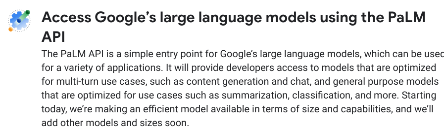 PaLM API documentation on Google's site
