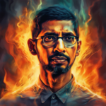 A vivid, thought provoking image of Sundar Pichai as he thinks about AI being more profound than fire or electricity --v 5
