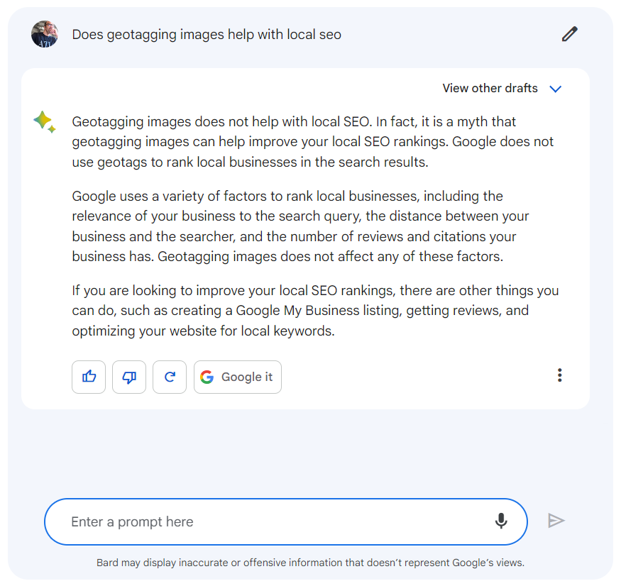 Bard gives decent answer about geotagging