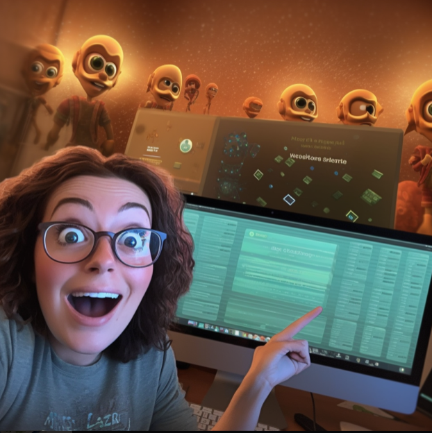 MJ prompt: [link to image of me] pixar cartoon of the woman in this picture being incredibly excited about AI
