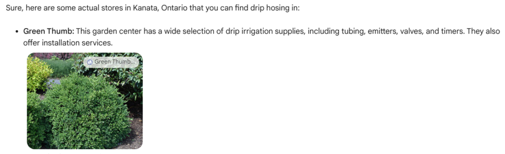 Bard result showing local garden center