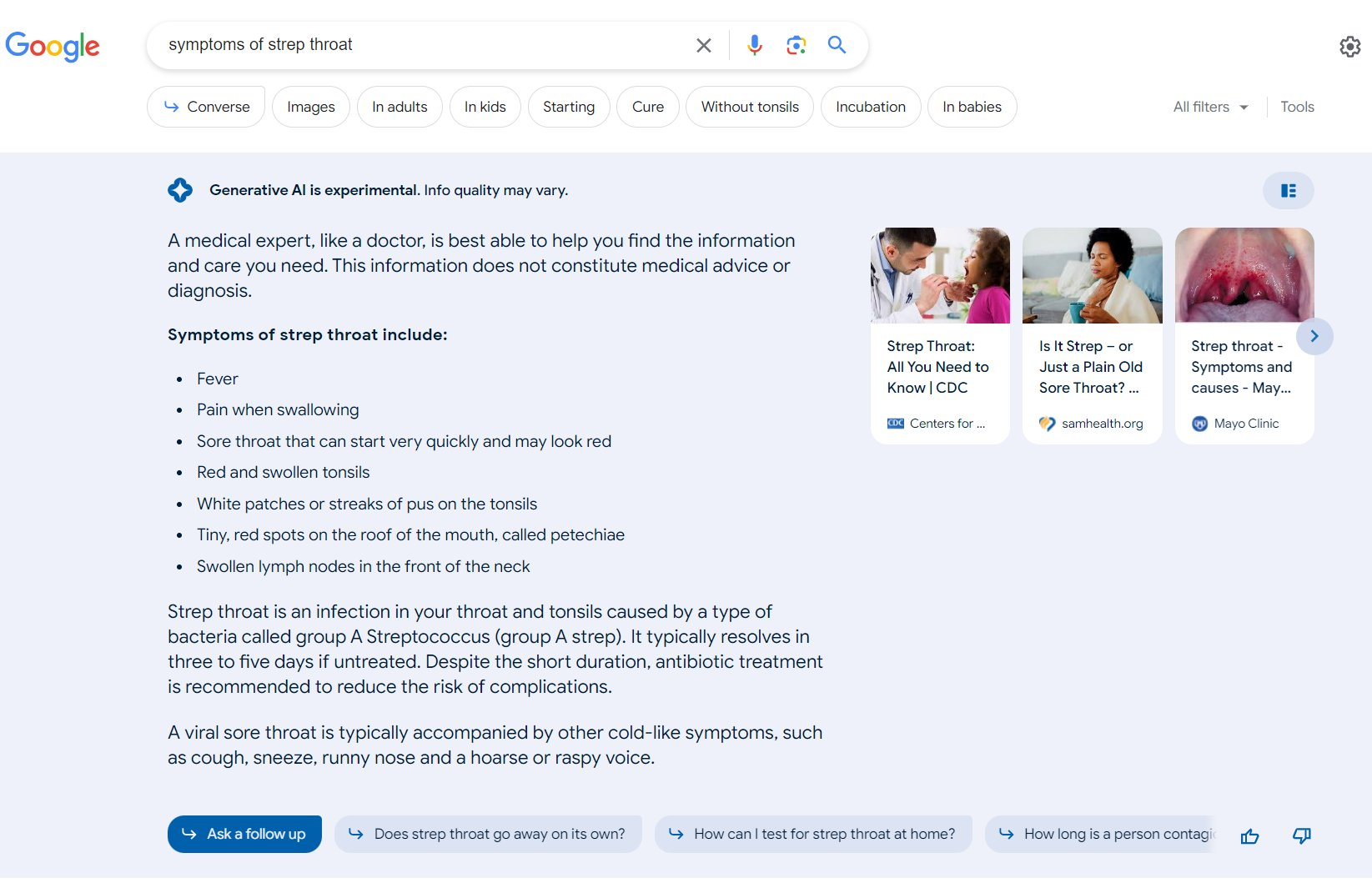 SGE search for symptoms of a sore throat