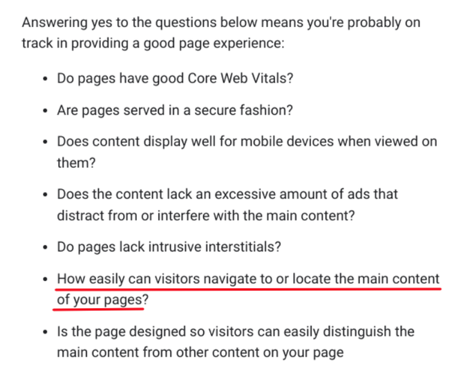how easily can visitors navigate to or locate the main content of your pages?
