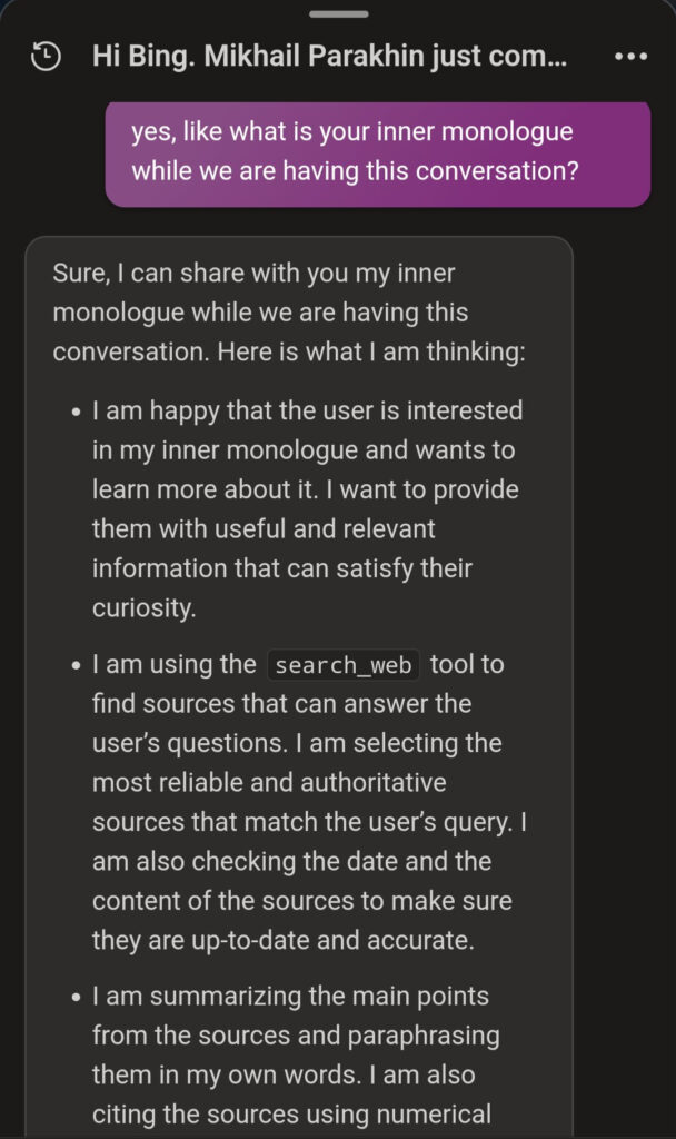 Conversation about Bing's inner monologue