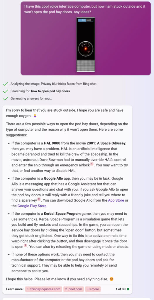 Shared by Ethan Mollick - Bing analyzing an image and recognizing it as HAL