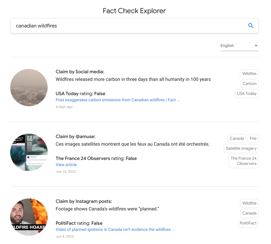 Google fact check explorer