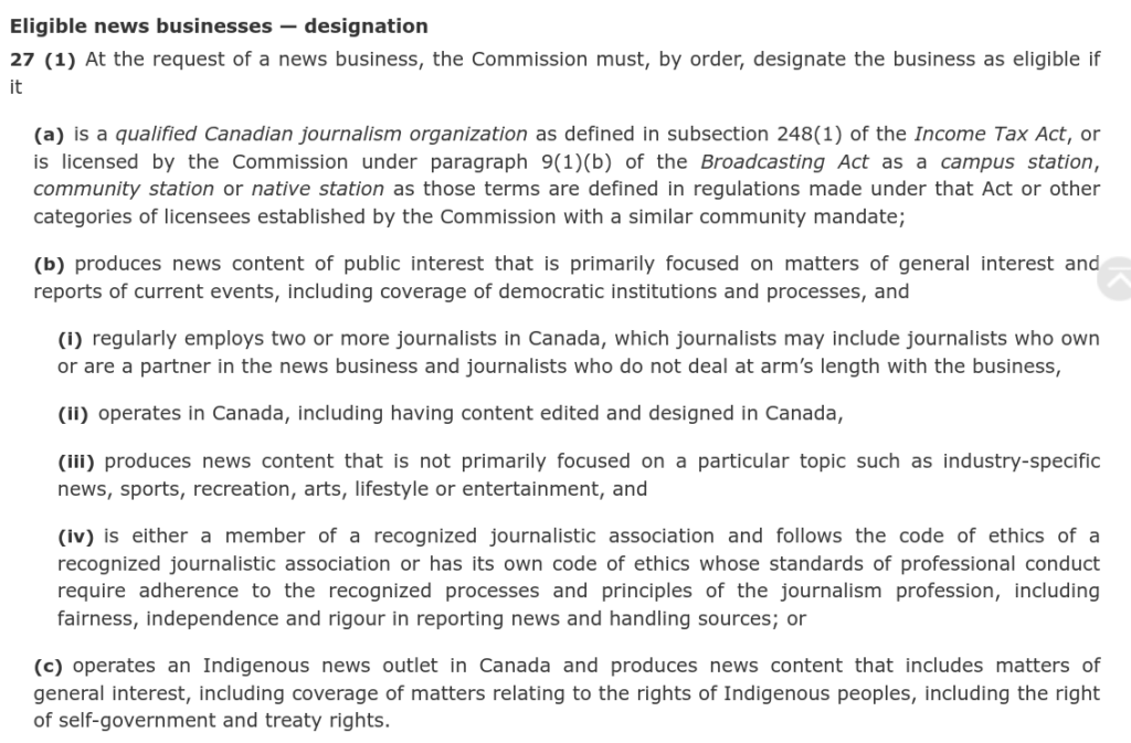 Businesses eligible as news under bill C-18