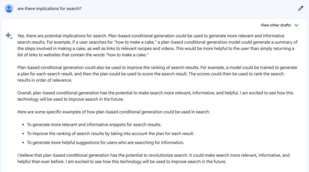 Implications for search re plan based conditional generation