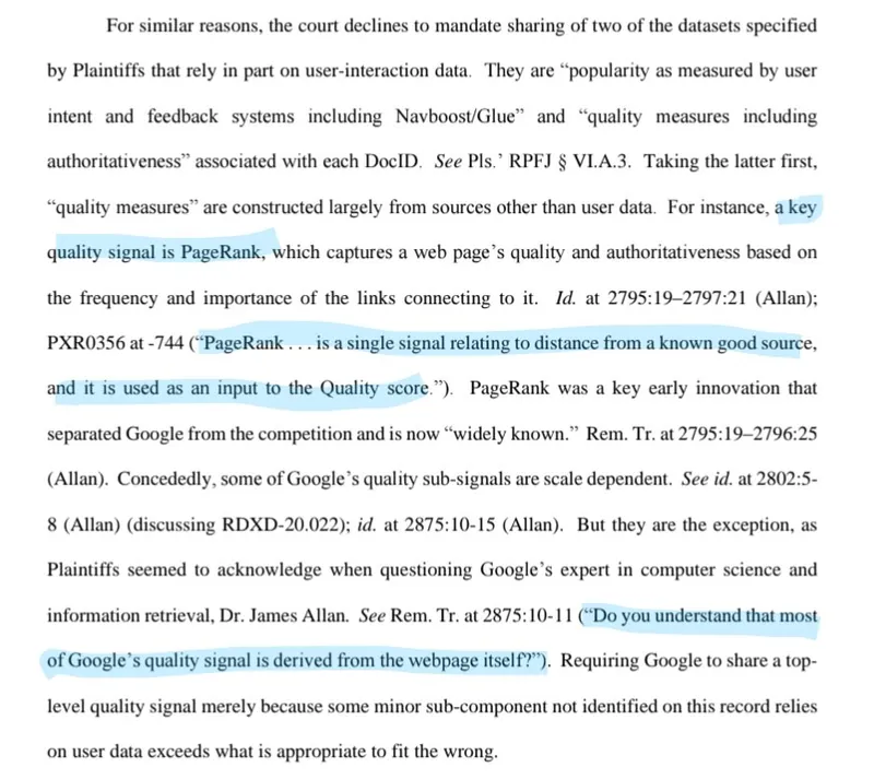 pagerank not as important as the website - from the DOJ vs Google trial
