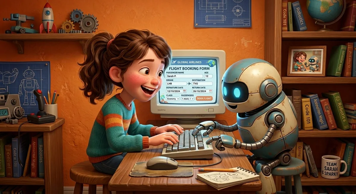 Smiling 3D animated girl and small robot enthusiastically booking a flight on a desktop computer.