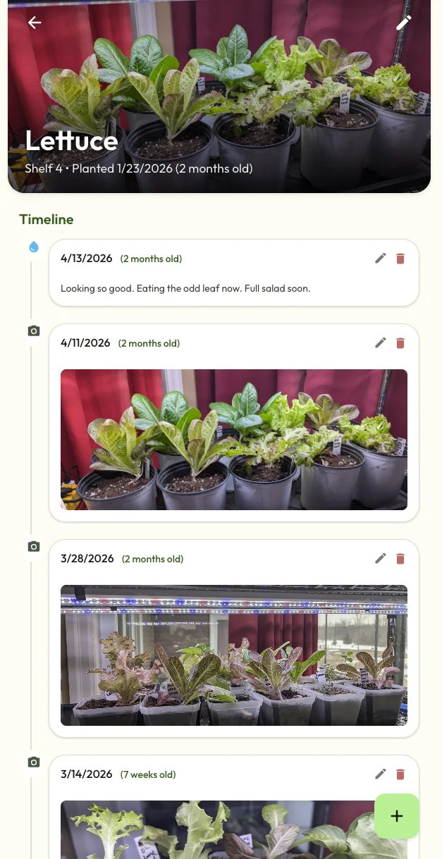 App interface with a timeline of indoor lettuce growth with dates and progress photos.