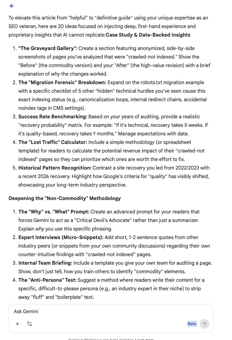 Why your pages are stuck in crawling and are currently not indexed. And what you can do about it. Gemini AI interface that shows expert-level SEO content ideas and methods for definitive guides.