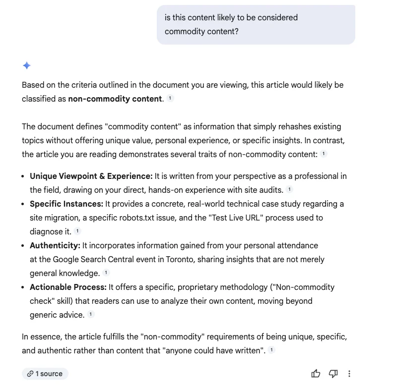 Why your pages are stuck in crawling and are currently not indexed. And what you can do about it. Google Gemini AI in Google Docs classifies an article as non-commodity content for SEO.