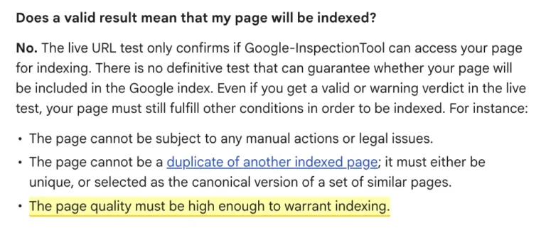 Google Search Console help text highlighting that page quality must be high enough for indexing.