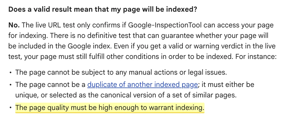 Google Search Console help text highlighting that page quality must be high enough for indexing.